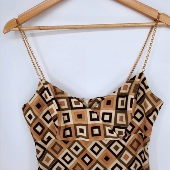 Shoshanna Silk Geometric Slip Dress 8 Gold Chain Strap Y2K 90s Mini Retro - Picture 3 of 12